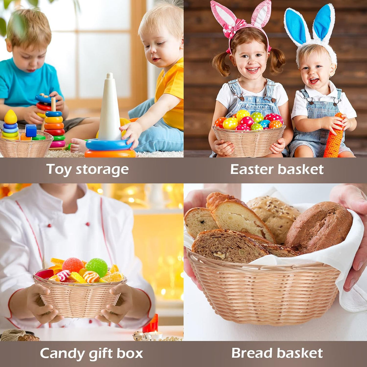 20 Pcs Wicker Bread Baskets 7 Inch Round Plastic Woven Trays