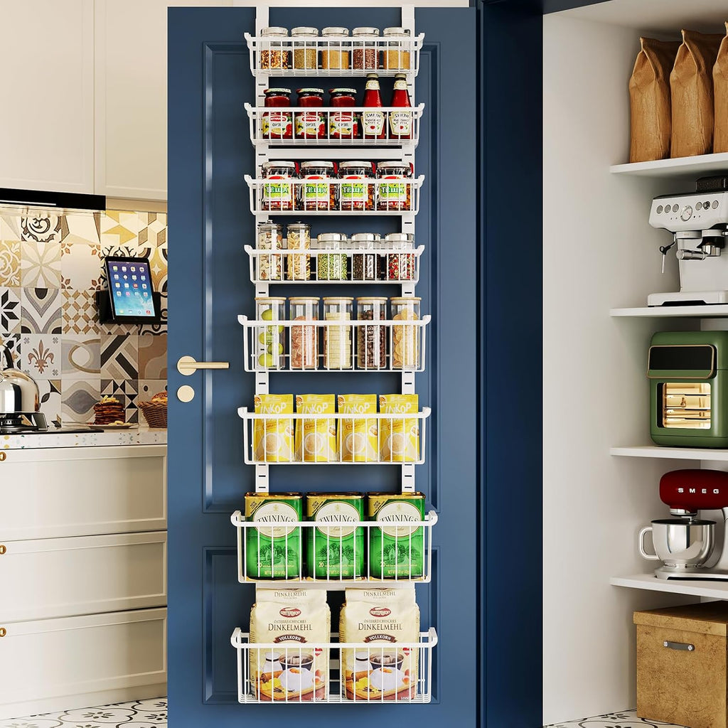 Over The Door Pantry Organizer, 8-Tier Over The Door Organizer with Adjustable Baskets, Metal Hanging Spice Rack for