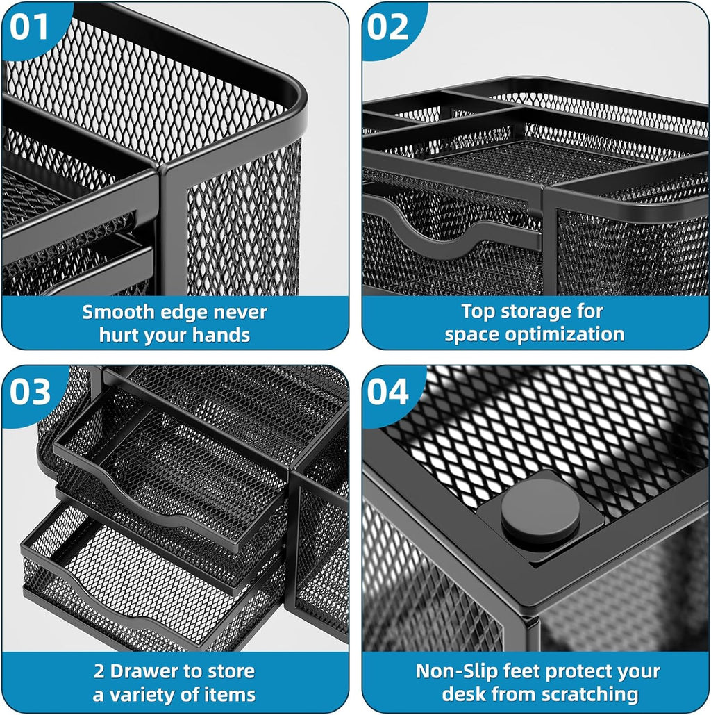 Mesh Desk Organizer, Pen Organizer with 2 Drawer, Multi-Functional Pencil Holder, Desk Organizers and Accessories