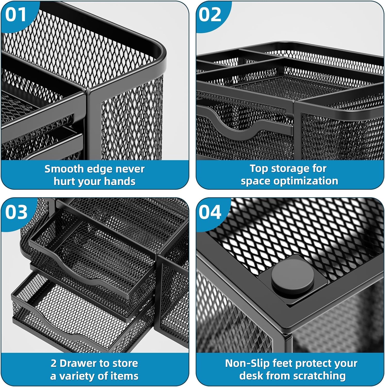 Mesh Desk Organizer, Pen Organizer with 2 Drawer, Multi-Functional Pencil Holder, Desk Organizers and Accessories