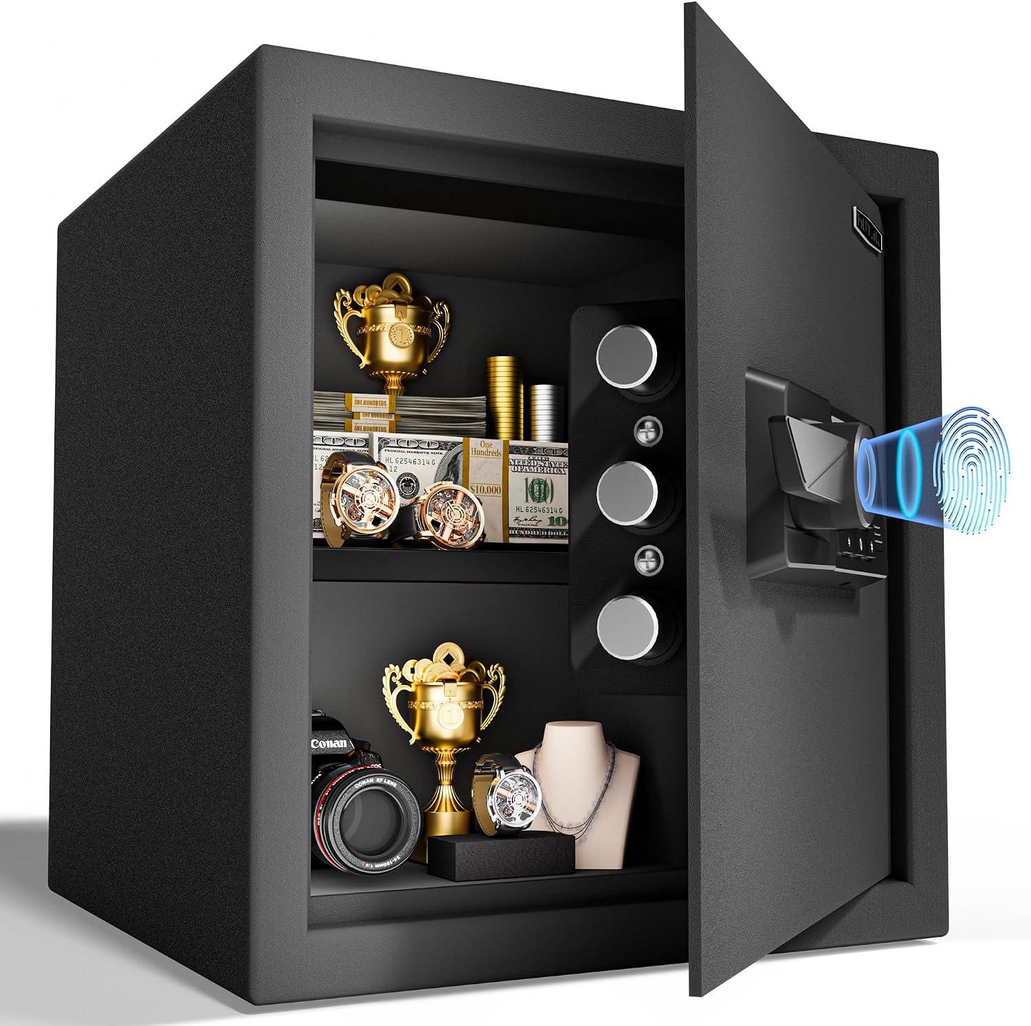 1.7 Cub Biometric Safe Box with Fireproof Bag, Quick-Access Fingerprint with Keys, Digital Keyboard, Type-C Port
