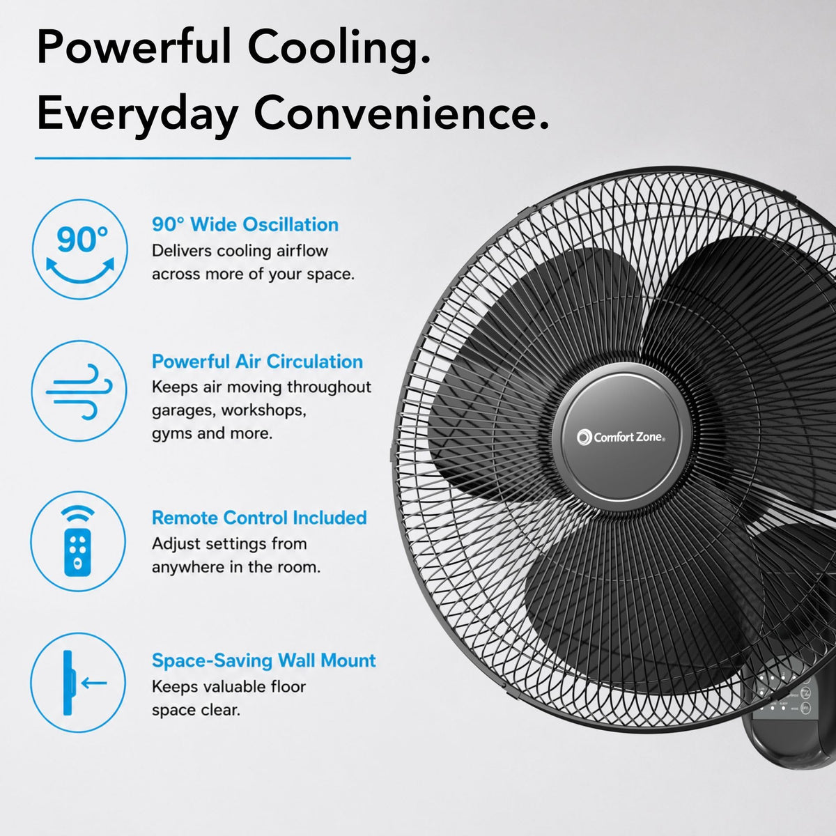 16" Oscillating Wall Mount Fan with Remote & Timer - Black