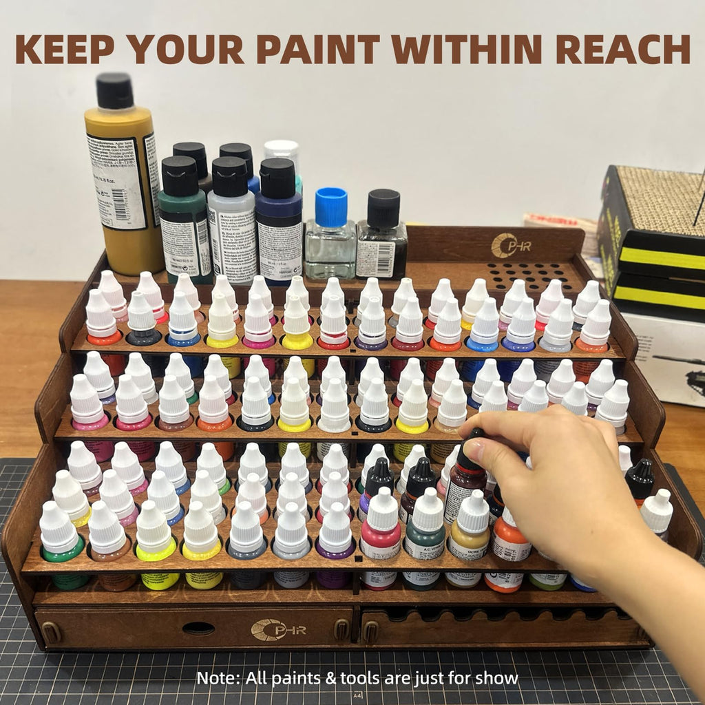 Wooden Paint Organizer 98 Holes Rack for Miniature Paints & Brushes