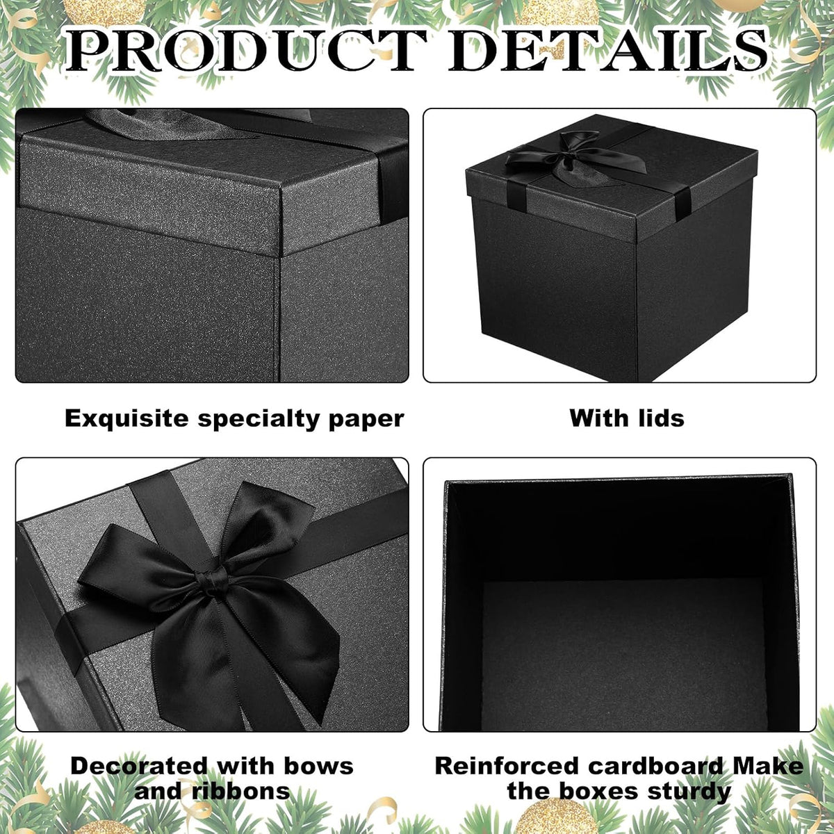 10 Pcs Xmas Gift Box with Lid Bow,Black,10 Size