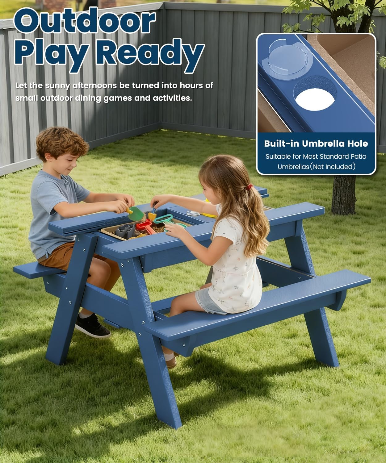 Kids 3-in-1 Sand & Water Table,HDPE Outdoor Convertible Picnic Table w/Detachable Tabletop
