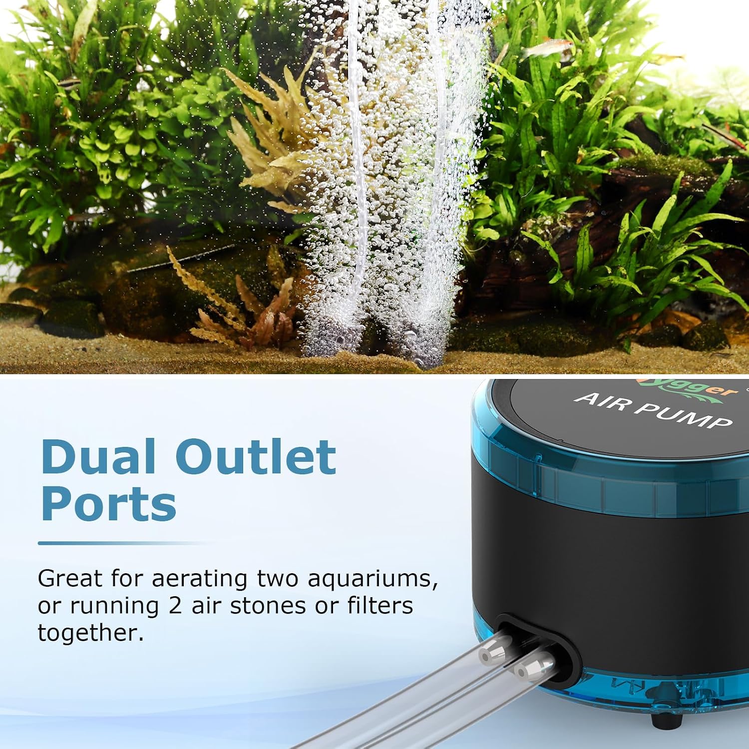 Aquarium Air Pump Dual Outlet, Quiet Powerful Fish Tank Aerator 4W/8W, Adjustable Oxygen Pump with Air Stone, Bubbler
