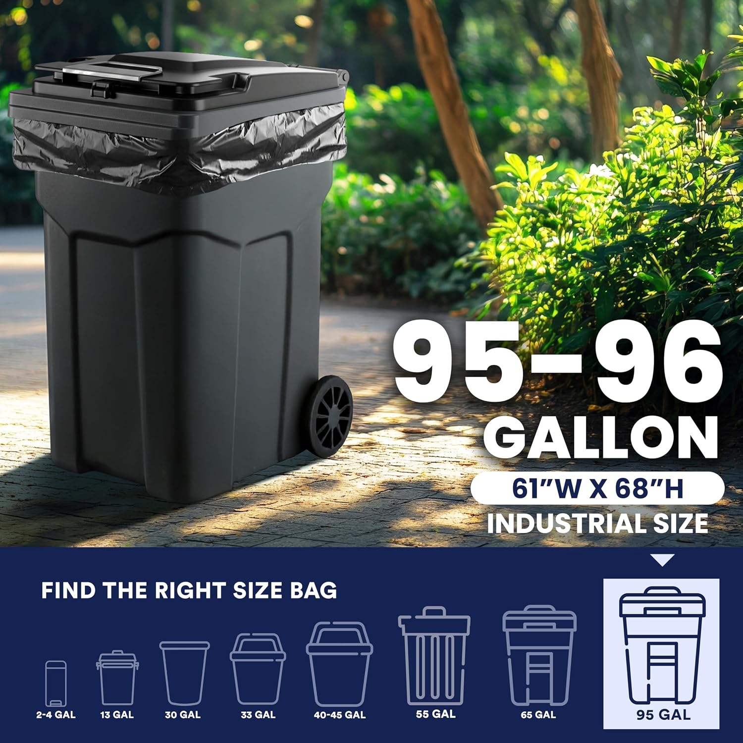 95-96 Gallon Garbage Can Liners Heavy Duty 1.5 Mil Black Trash Bags Tear-Resistant Outdoor Garbage Bags for Rollaway