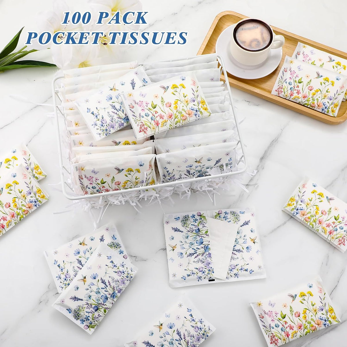 100 Pack Floral Pocket Tissues, 3 Ply Wallet Size Pocket Tissues
