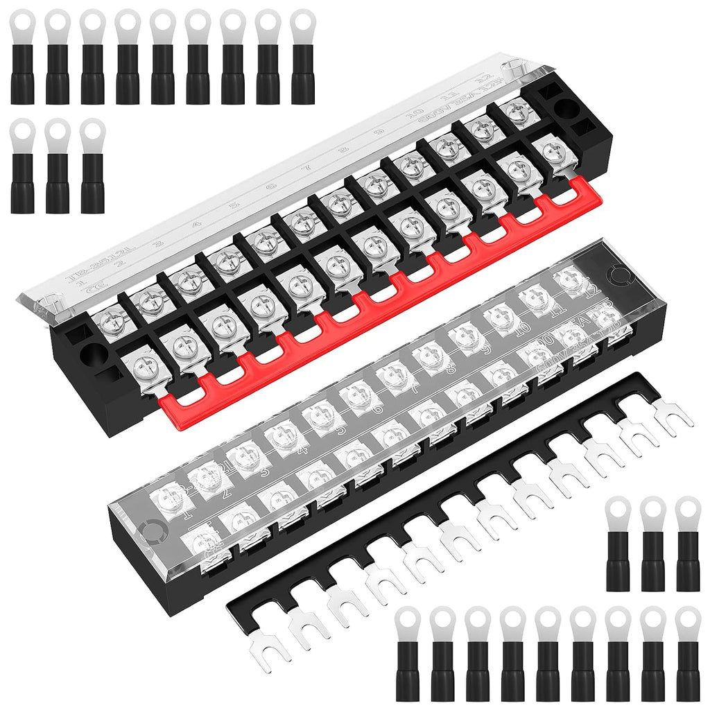 Joinfworld 35A Terminal Block 12 Position Screw Terminal Strip Dual Row with Cover and 12 Position Pre-Insulated Terminal Jumper Block - 2pcs