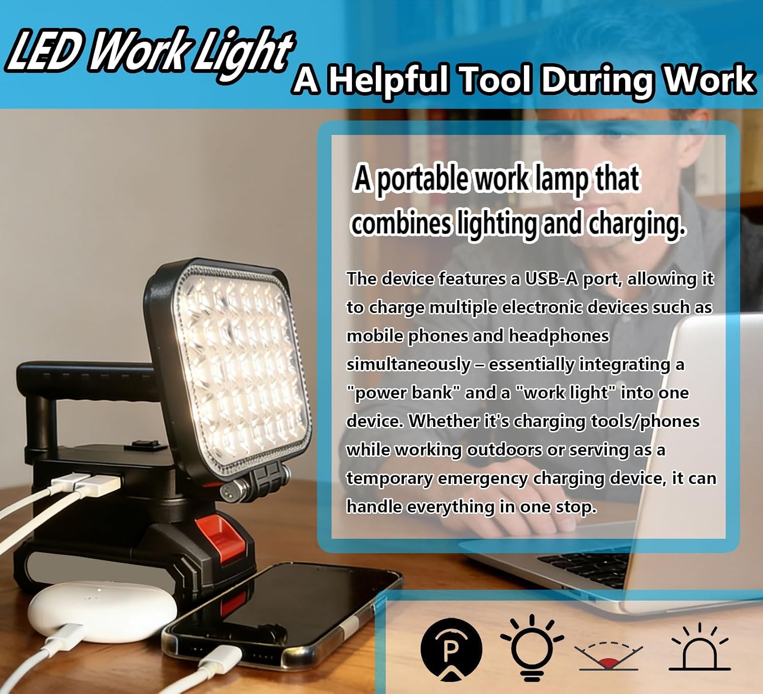 LED Work Light-Compatible with Makita 18V-LXT series batteries,Cordless LED Work Light has 2 USB connectors.Battery