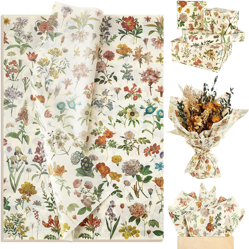 100 Sheets Vintage Floral Tissue Paper, Wildflowers, 20 x 14 Inch