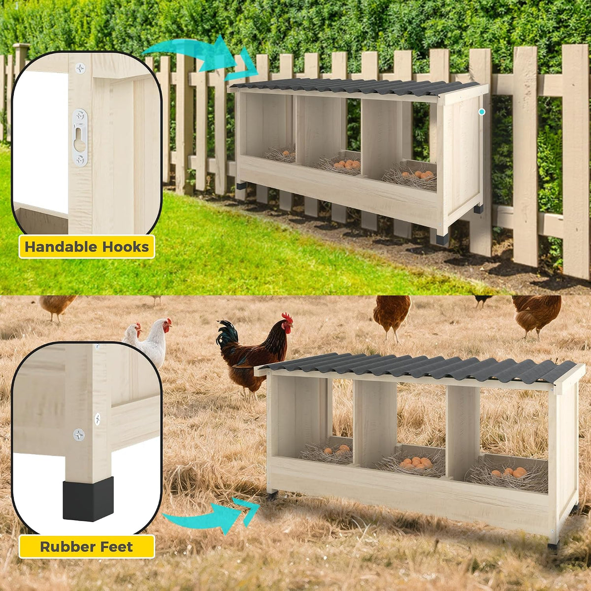 3 Holes Wooden Chicken Nesting Box, Wall Mounted or Floor Use