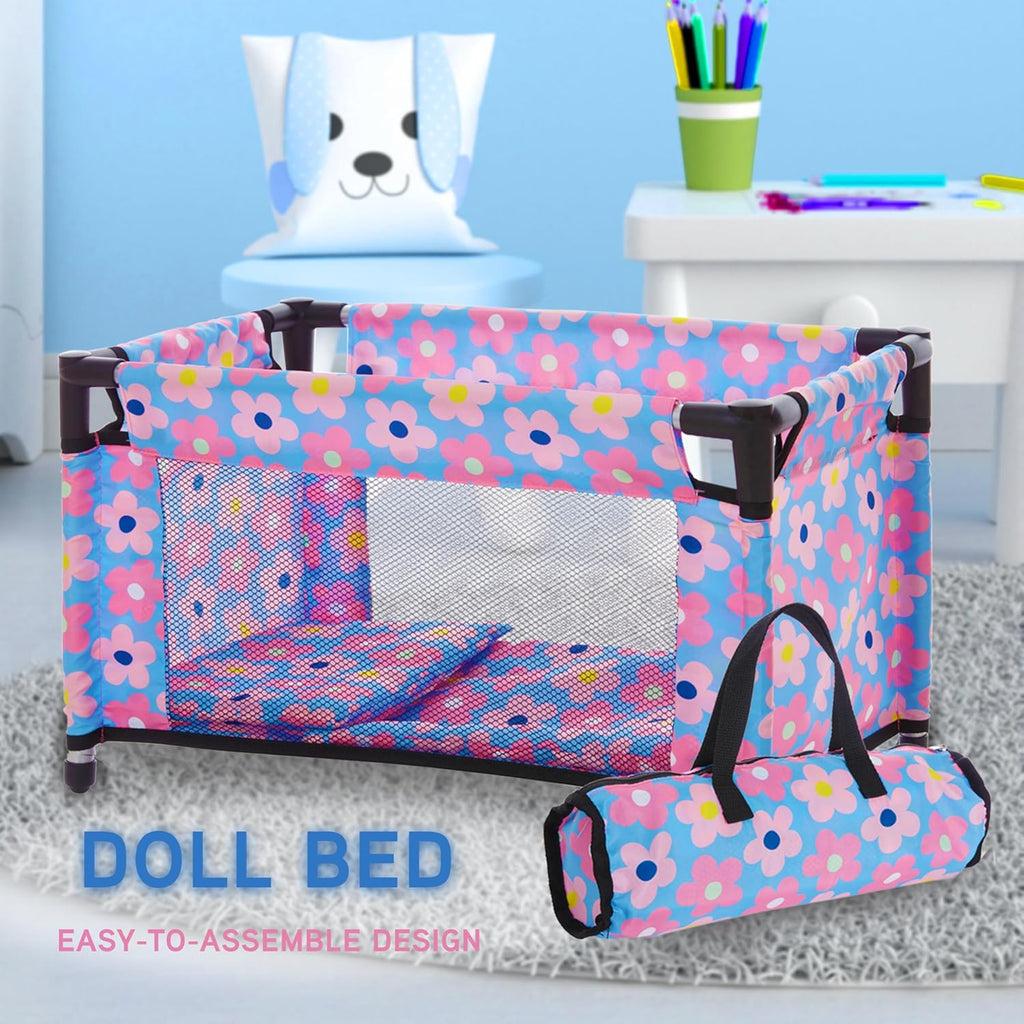 Baby Doll Stroller Bed and Swing Nursery Playset, Baby Doll Accessories Furniture Set Convertible High Chair Diaper