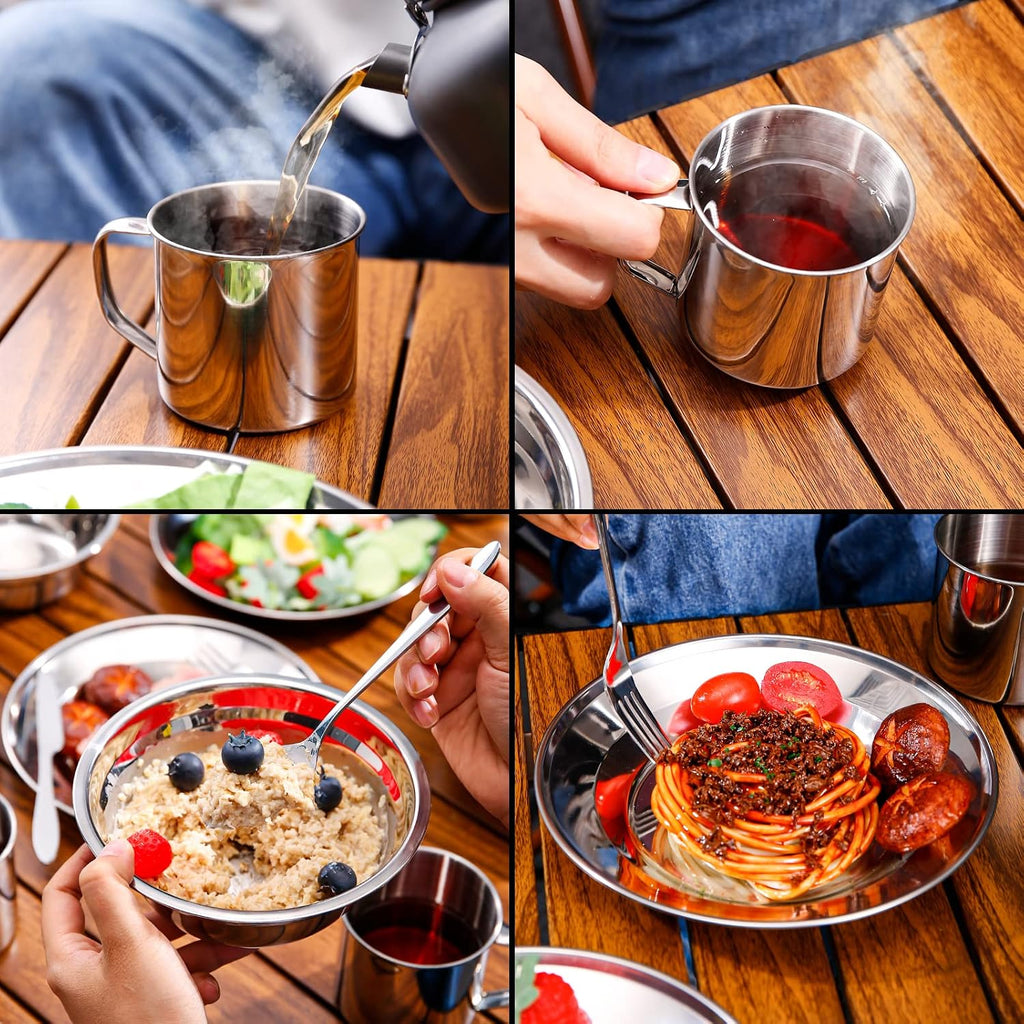 29pcs Stainless Steel Utensils Camping Mess Kits for 4 Person | with Bowls Plates Cups Forks Spoons and Knives