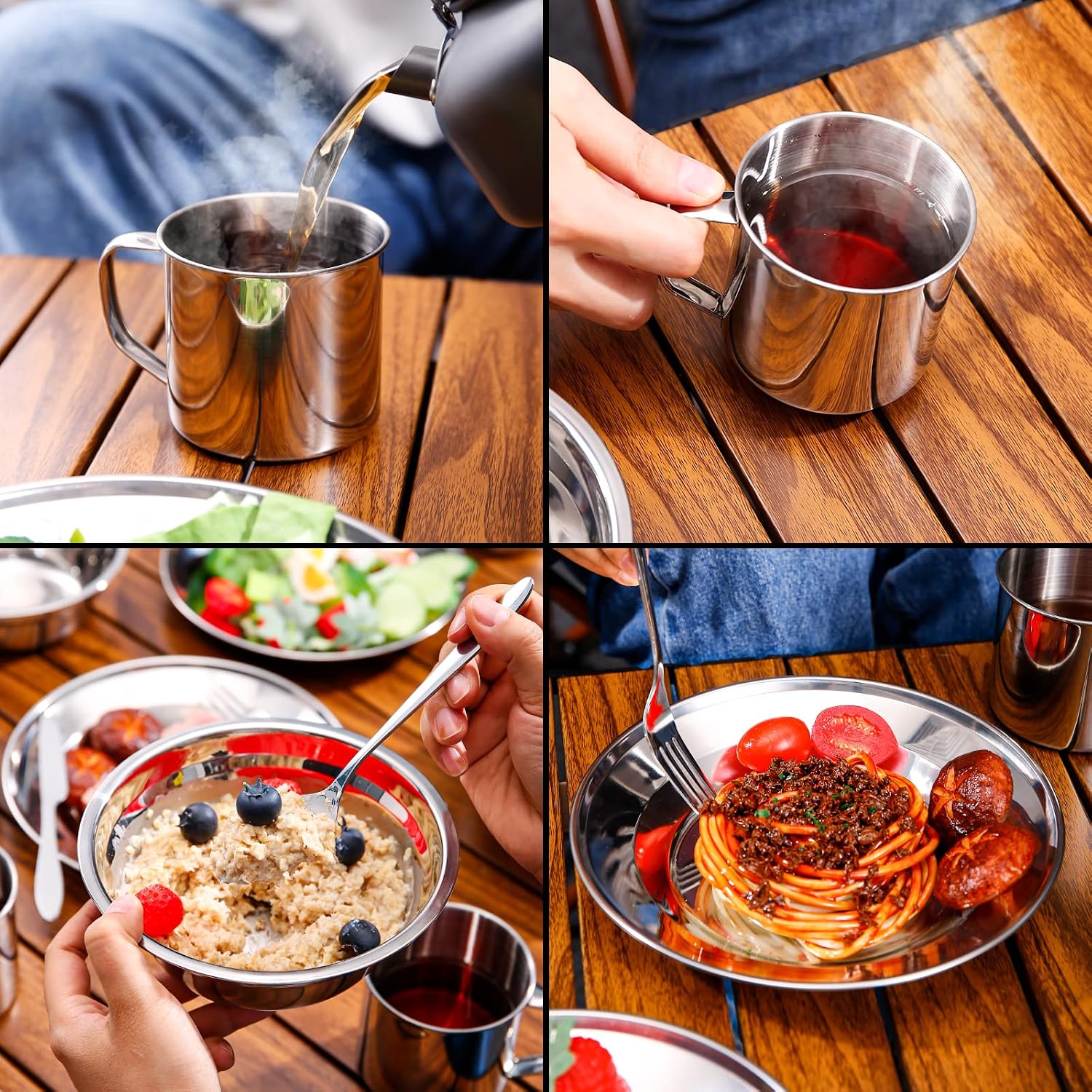 29pcs Stainless Steel Utensils Camping Mess Kits for 4 Person | with Bowls Plates Cups Forks Spoons and Knives
