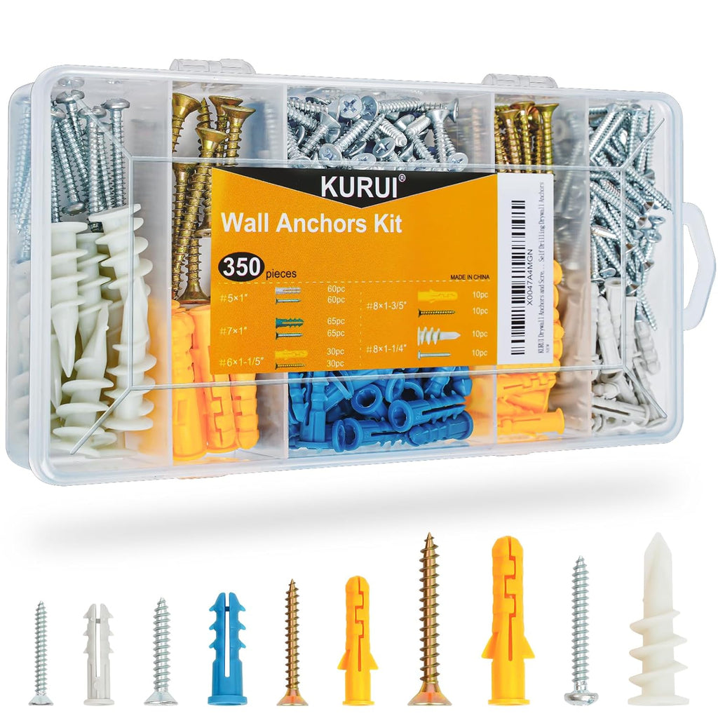 Drywall Anchors Assortment Kit for Sheetrock Concrete Brick, 350Pcs Wall Anchors and Flat Head Screws, 5 Sizes
