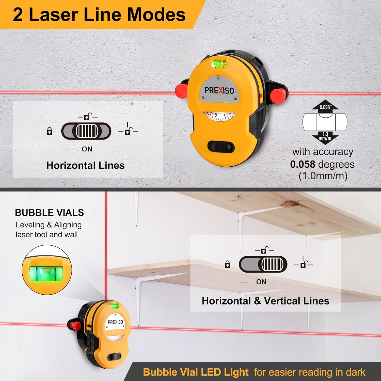Multi Surface Laser Level LED Light Vial, 30Ft Horizontal & Vertical Line Laser with Wall Mount Base, 2 Pins, 10