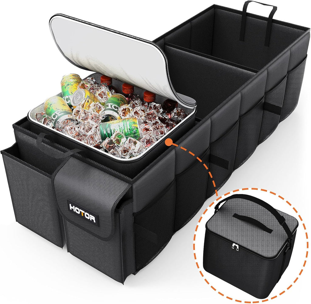Trunk Organizer, Sturdy Foldable with Cooler for Car & SUV, 3 Compartments, Black, 30.90”×12.60”×10.63”