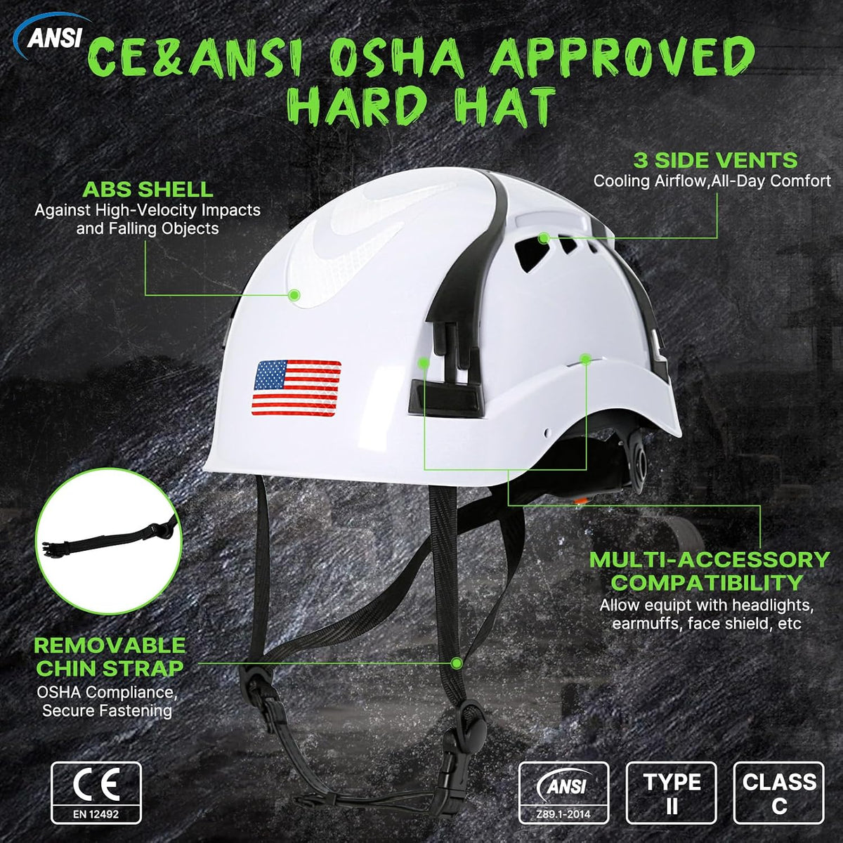 Type 2 Hard Hat with Chin Strap - ANSI Z89.1 Type II Class C Hard Hats Construction OSHA Approved, Safety Helmet