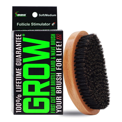 GROW Beard Brush & 360 Wave Brush for Men - Natural Boar Bristle For Fuller, Thicker Hair, Beard & Mustache - Premium