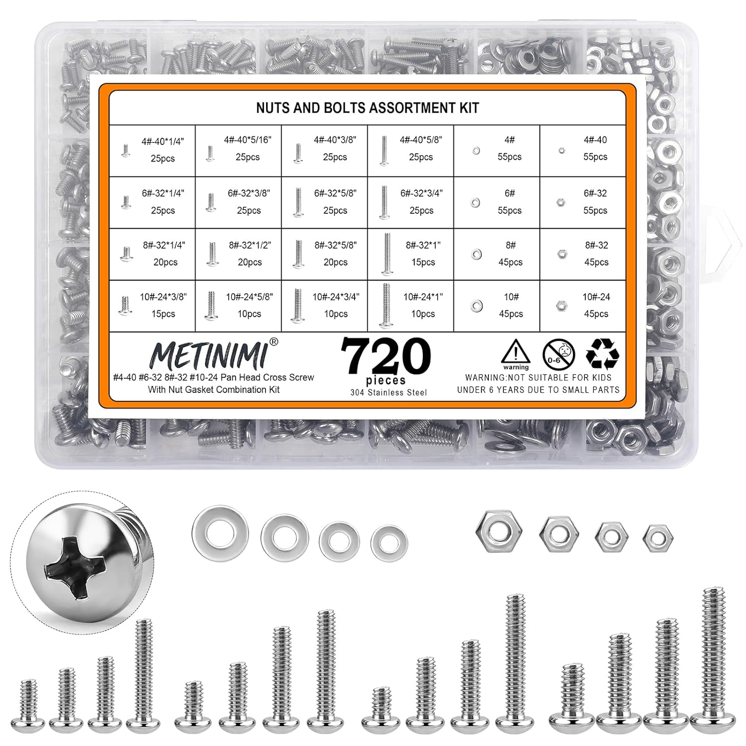 Stainless Steel Nuts and Bolts Assortment Kit, 720PCS Machine Screw #10-24#8-32#6-32#4-40 Silver Phillips Pan Head