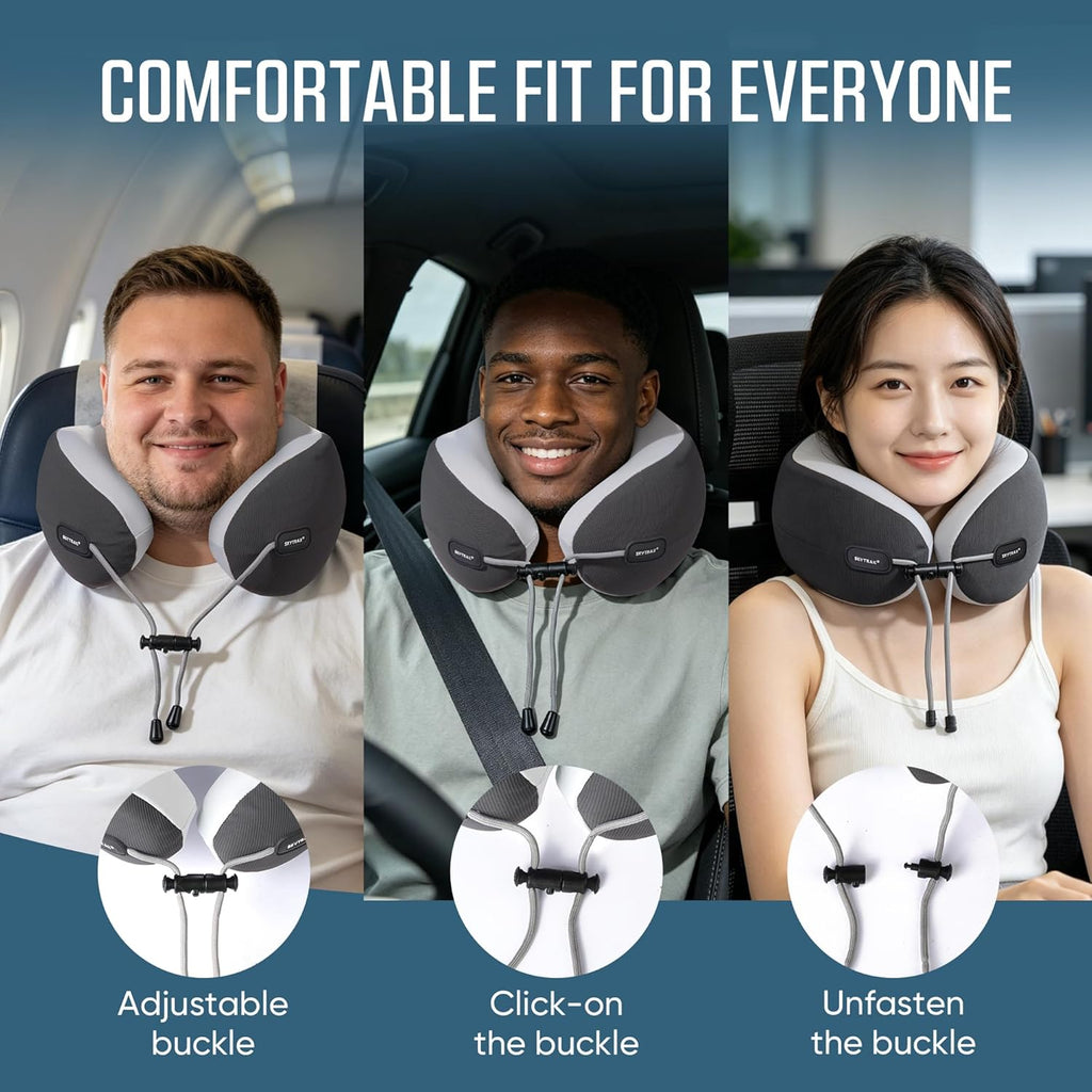 Premium Ergonomic Memory Foam Travel Neck Pillow, Washable Cooling Ice Silk Cover, Firm Neck Support for Airplane