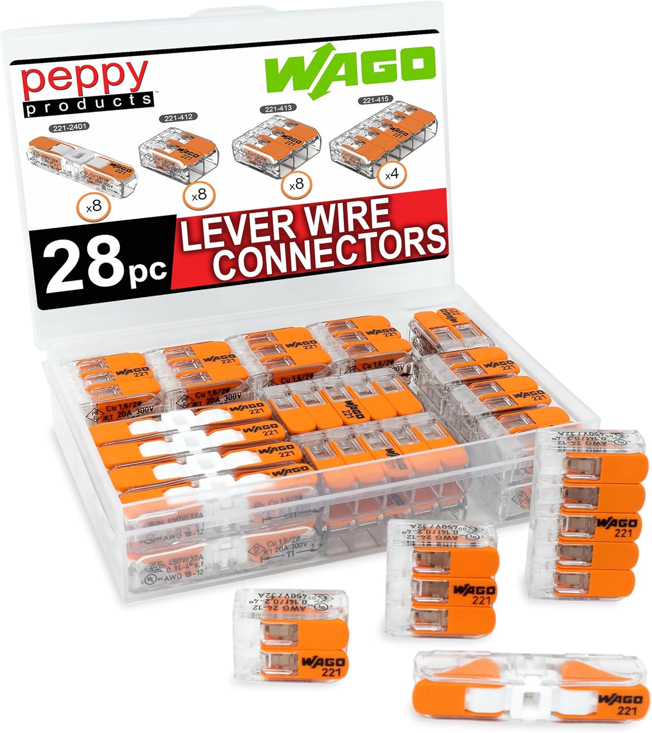 WAGO 221 Lever Nuts 28pc Compact Splicing Wire Connector Assortment with Case | Includes 221-2401, 221-412, 221-413