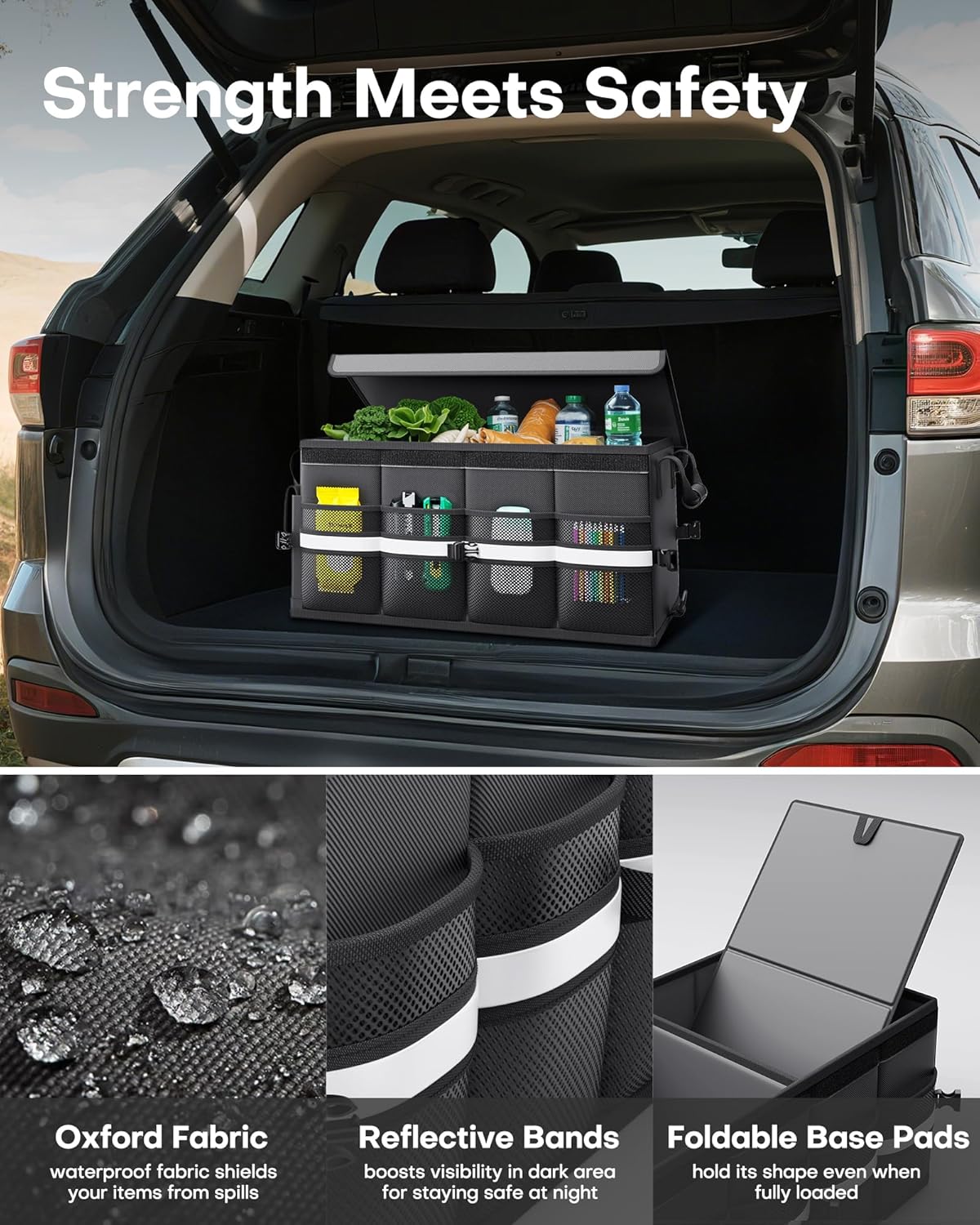 Car Trunk Organizer - Foldable Trunk Organizer for SUV, Car Storage with Reflective Strips & Securing Cover, Large