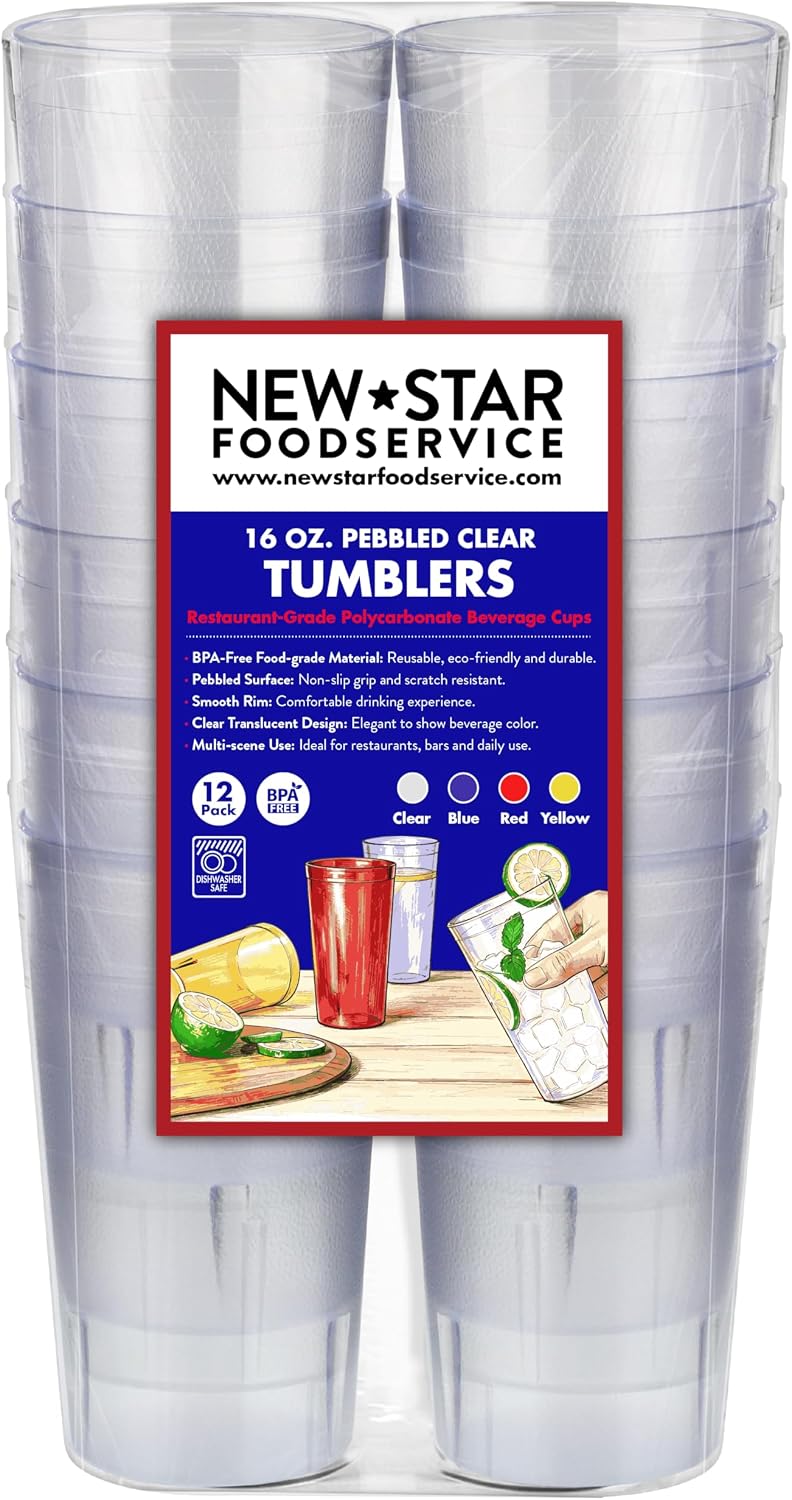 Restaurant-Grade Polycarbonate Beverage Tumblers, 16 oz, Clear, Set of 12