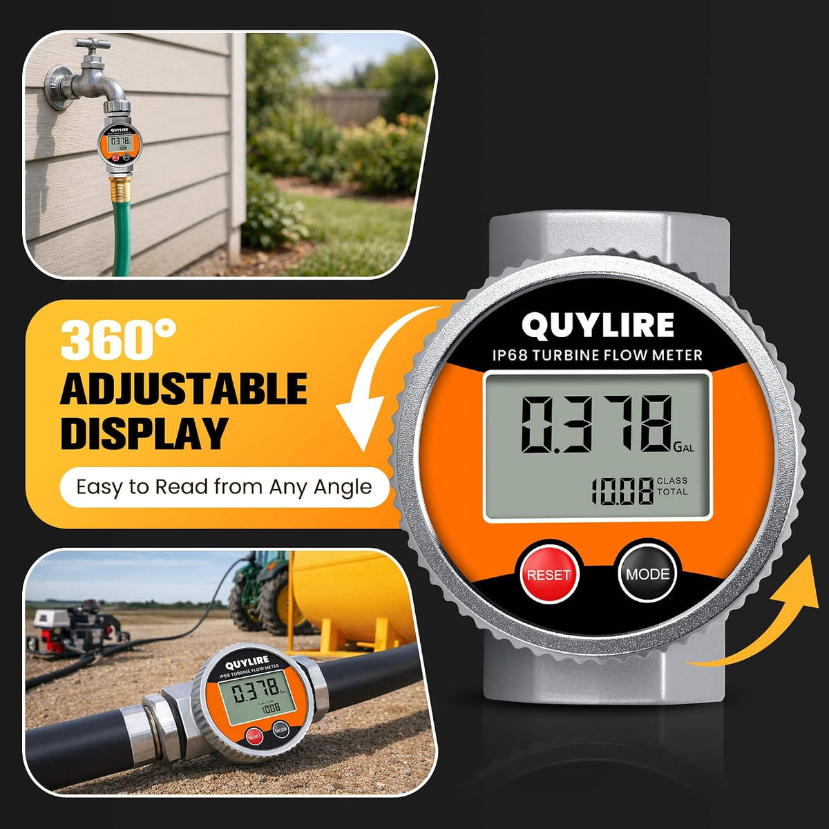Waterproof 1" Fuel Flow Meter, 3/4" Adapters, Water/Diesel/Gasoline