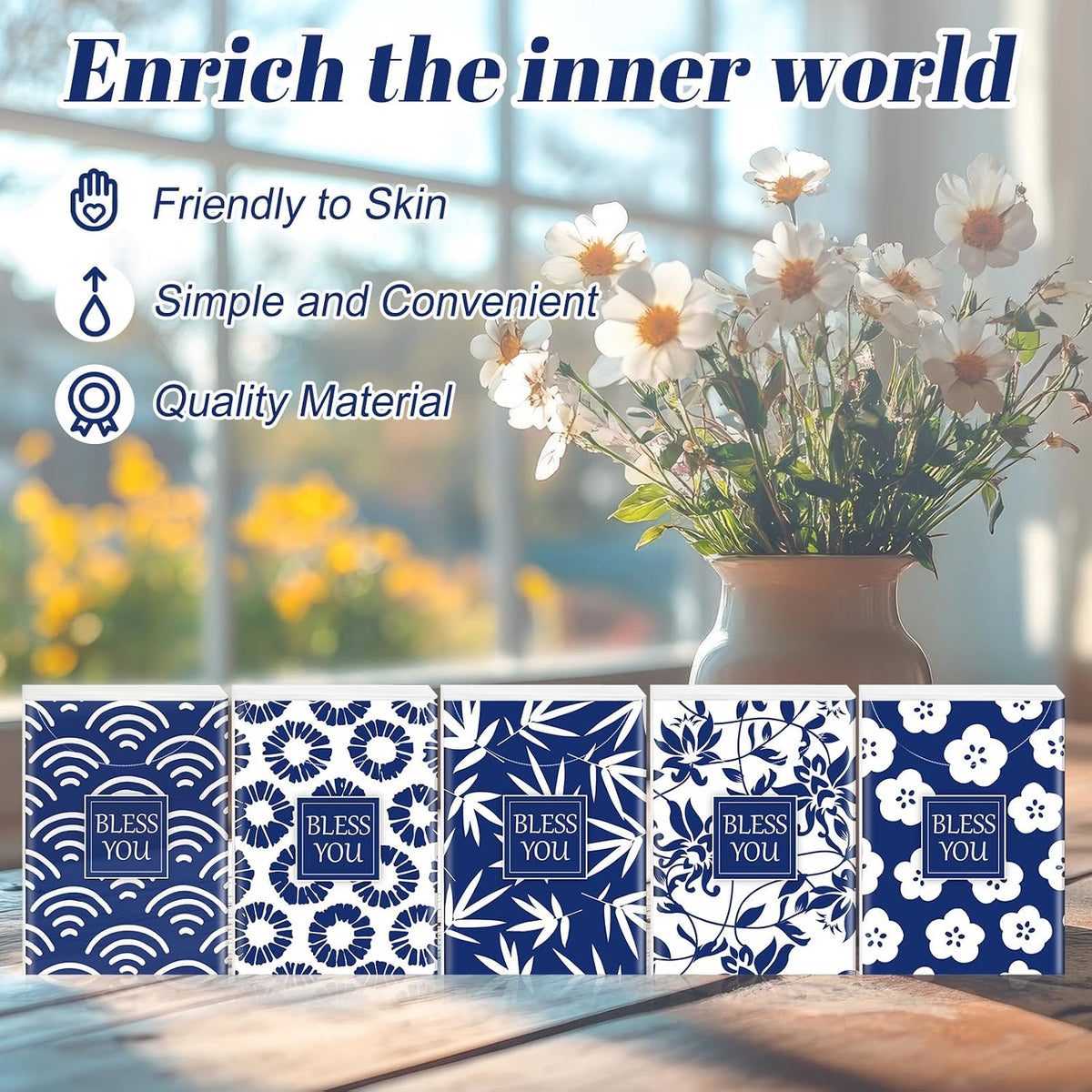 10 Packs Pocket Tissues, Blue Floral Bless You, 3 Ply, 80 Sheets