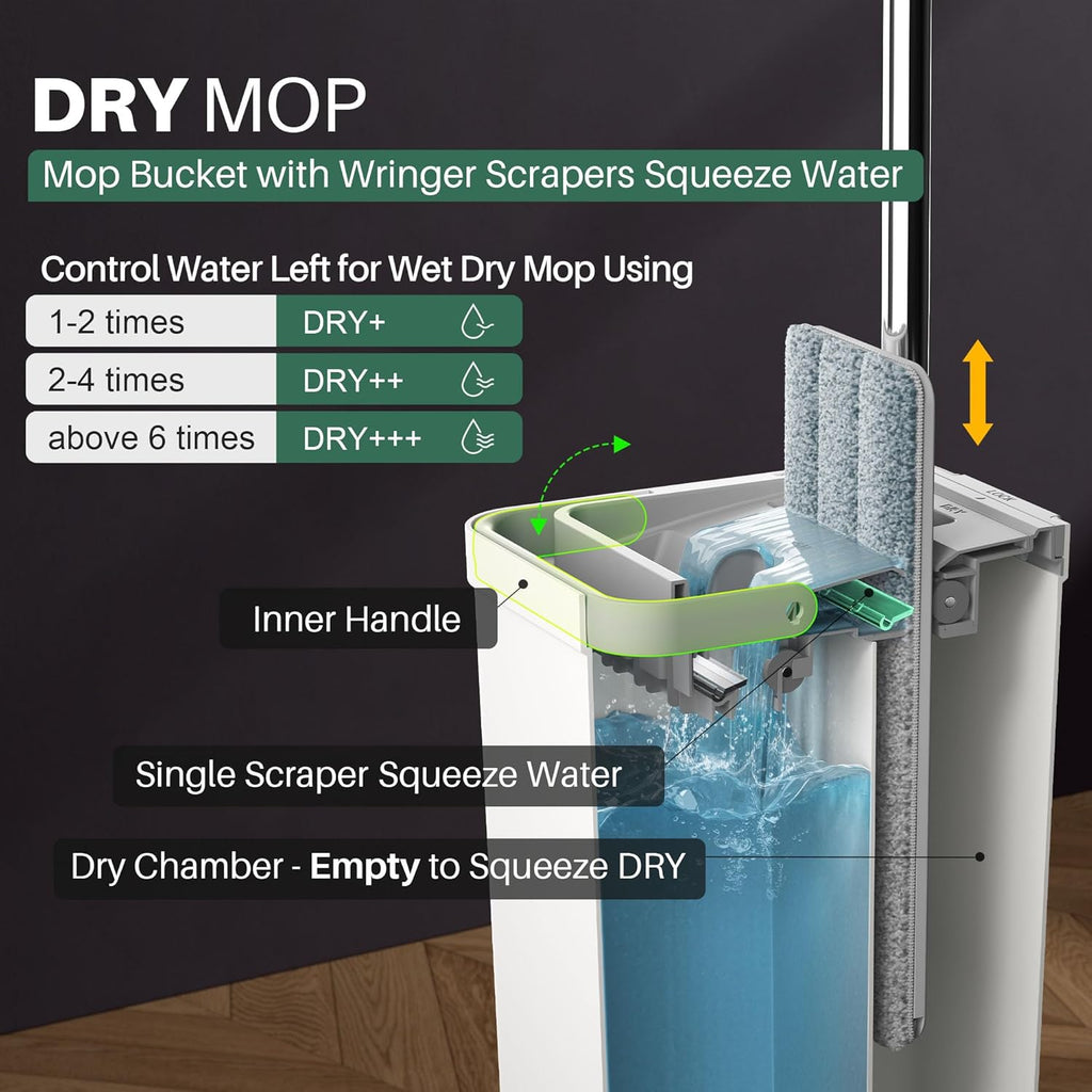 Flat Mop System, Microfiber Mop and Bucket Set, White, Commercial & Household Use, Hardwood Floor & Wall Cleaning Mop