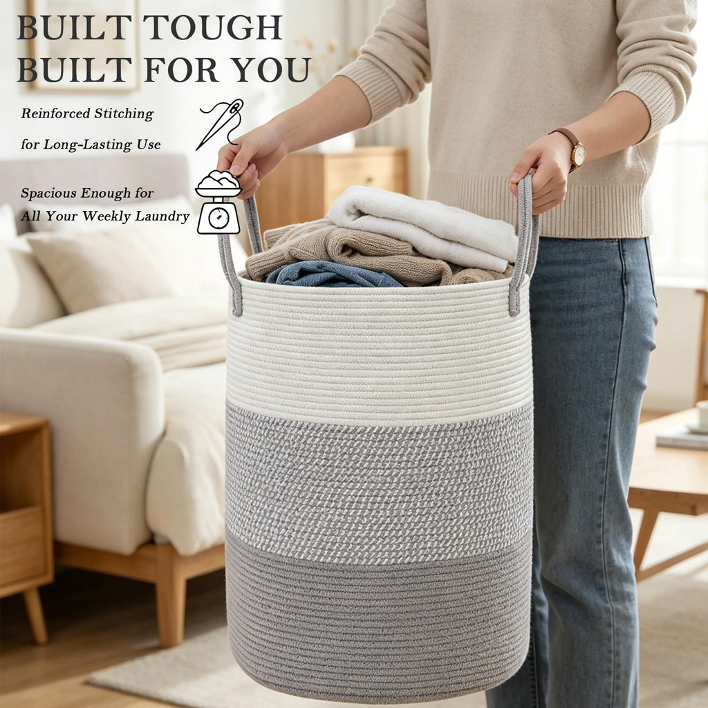 Large Laundry Hamper, Woven Rope Basket for Nursery - Grey