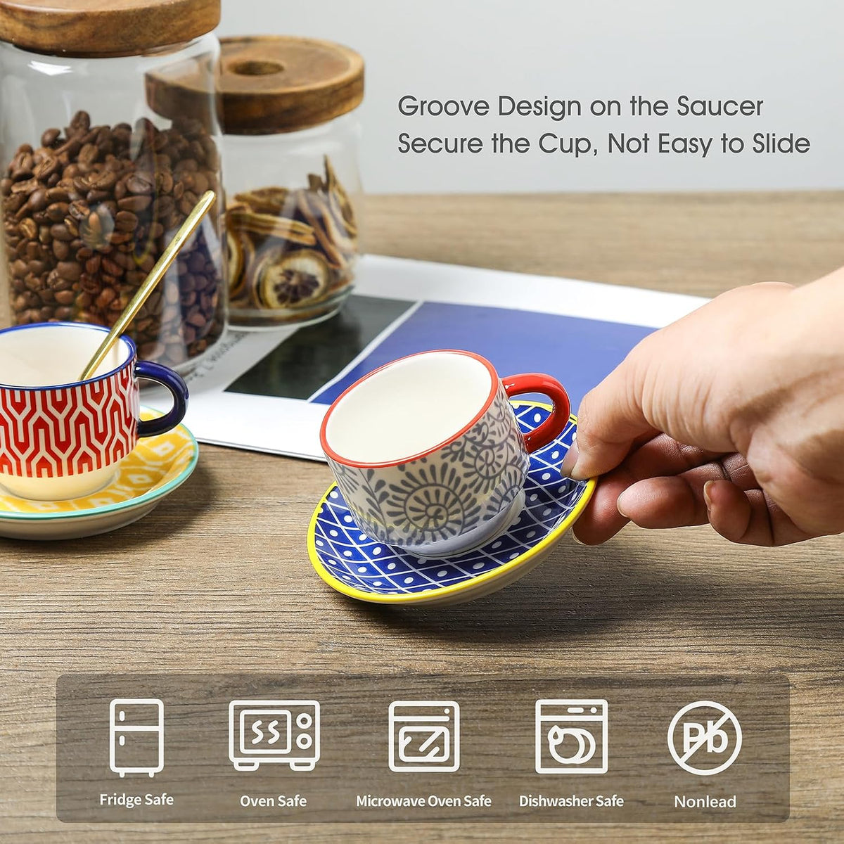 Ceramic Cappuccino Cups with Saucers and Metal Stand, 8 OZ Stackable Espresso Coffee Cups for Coffee, Latte