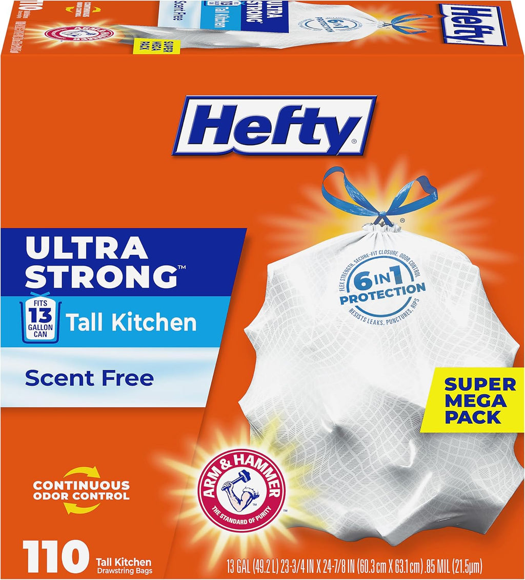 Ultra Strong 13 Gal Kitchen Trash Bags, White, Unscented, 110ct | Bulk Pack, 13G Tall White Trash Bags with