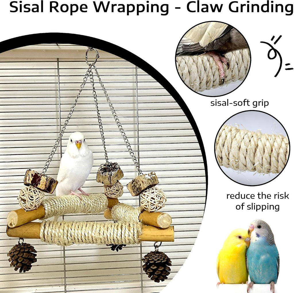 Bird Swing for Cage with Chew Toys, 3 Sisal-Wrapped Stable Perches(S) | Stable Triangle Design Parrot Perch Swing