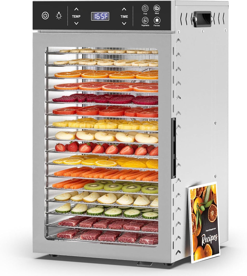 16-Tray Food Dehydrator, Stainless Steel, 4 Presets for Jerky&Fruit