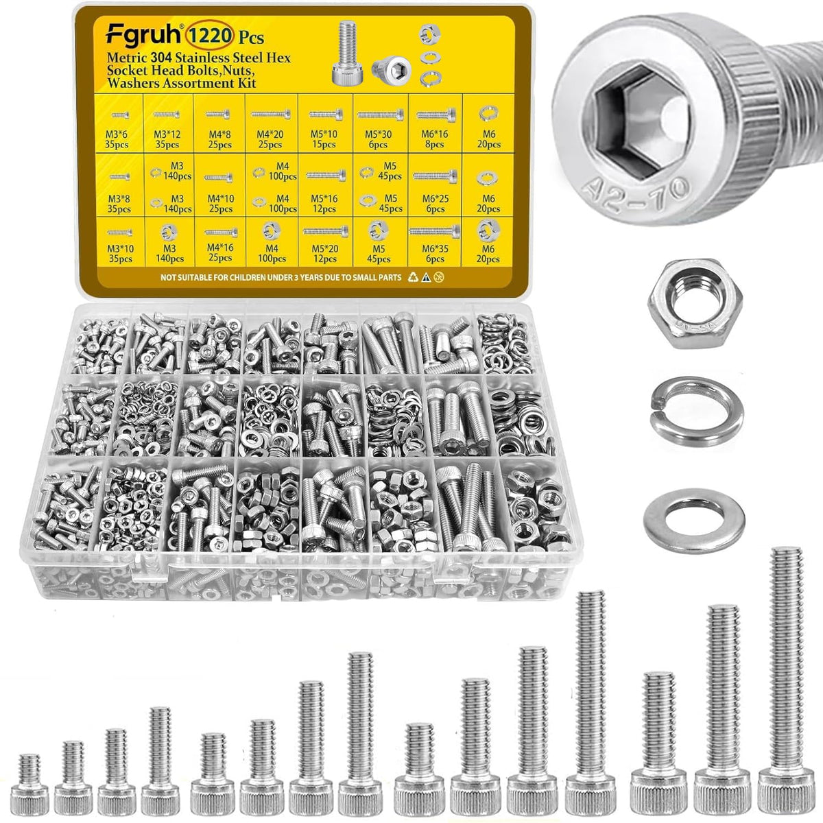 1220PCS M3 M4 M5 M6 Metric Hex Socket Head Screws Assortment Kit
