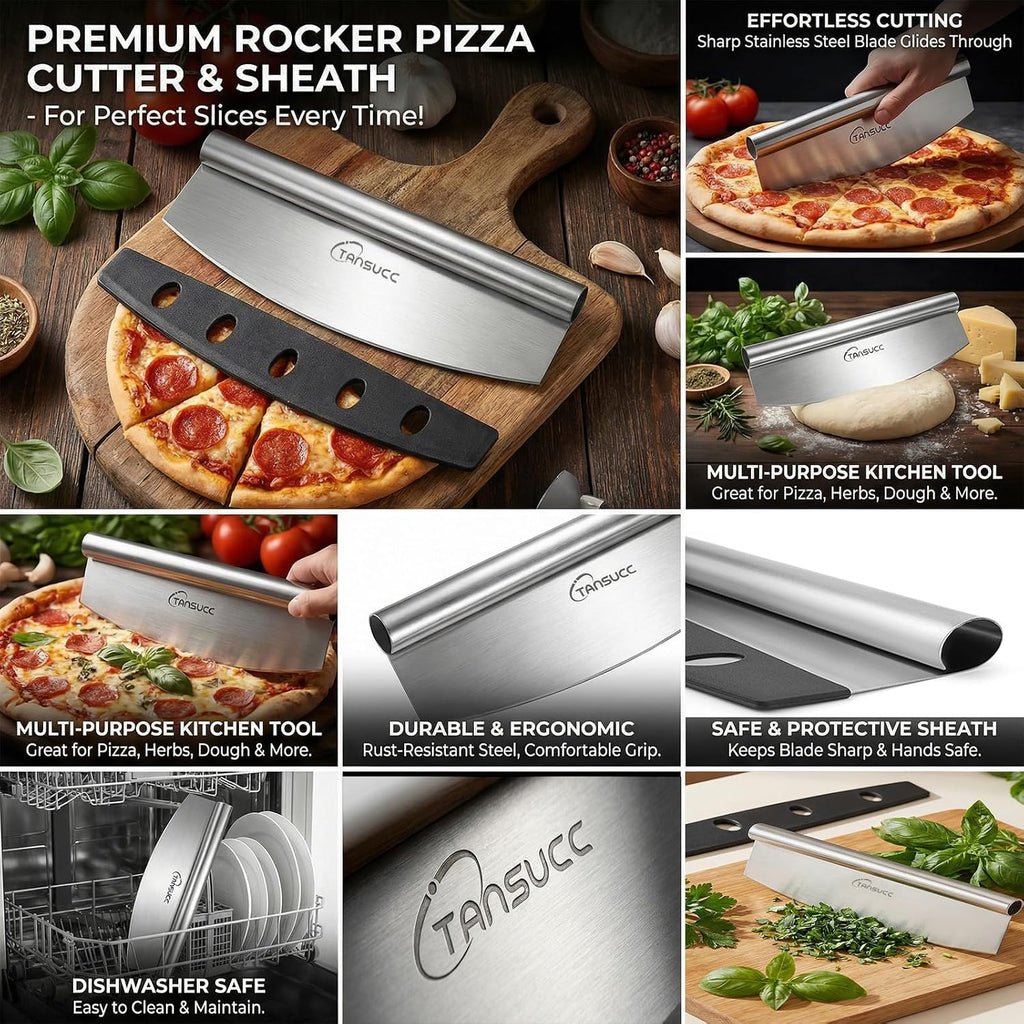 Pizza Cutter Rocker Blade 12 inch, Stainless Steel Sharp Large Pizza Slicer with Protective Cover, Dishwasher Safe