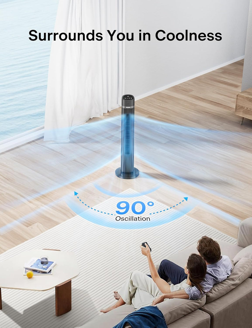 40 inch Bladeless Tower Fan for Bedroom, Standing Fan with Remote Control, 26ft/s, 90° Oscillation, 3 Speed Settings