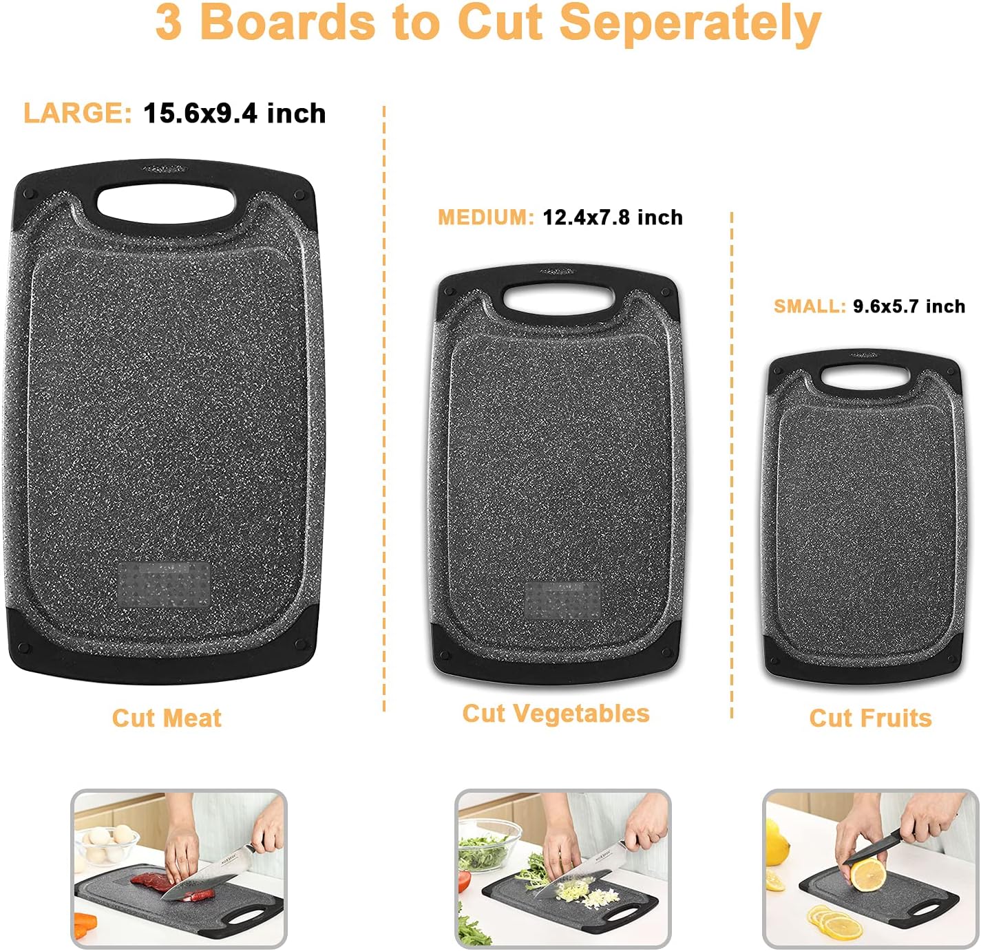 Plastic Cutting Boards Set of 3 for Kitchen, Thick Chopping Board with Deep Juice Grooves, Non‑Slip Feet, Easy Grip