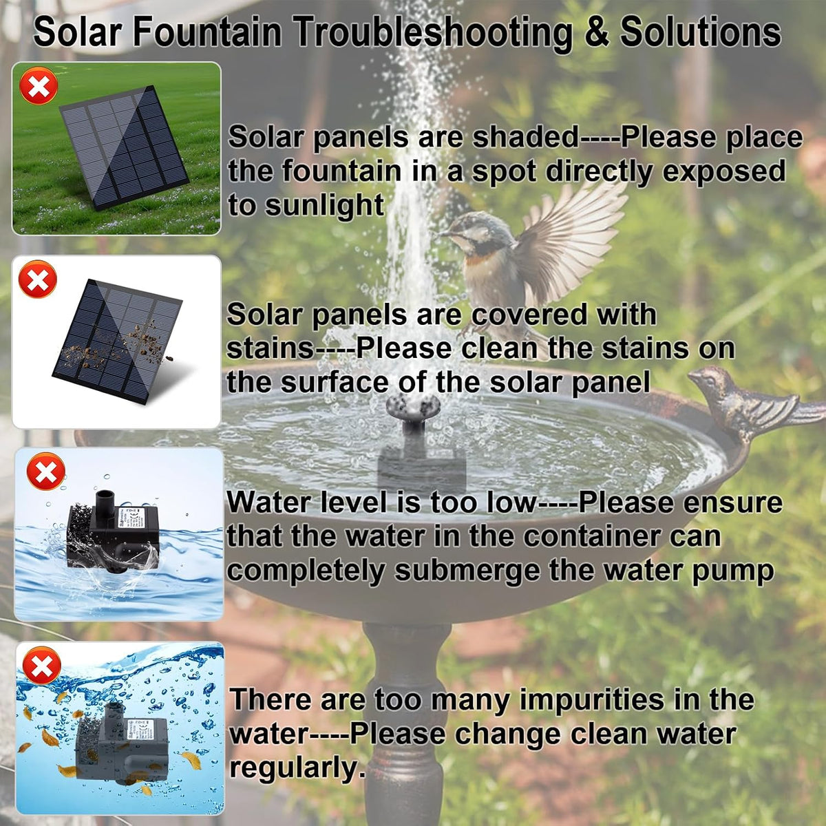 Solar Fountain Pump Kit with Separate Solar Panel, 1.8 W Upgraded Solar Water Pump with 9.84FT Cable & 4 Nozzles