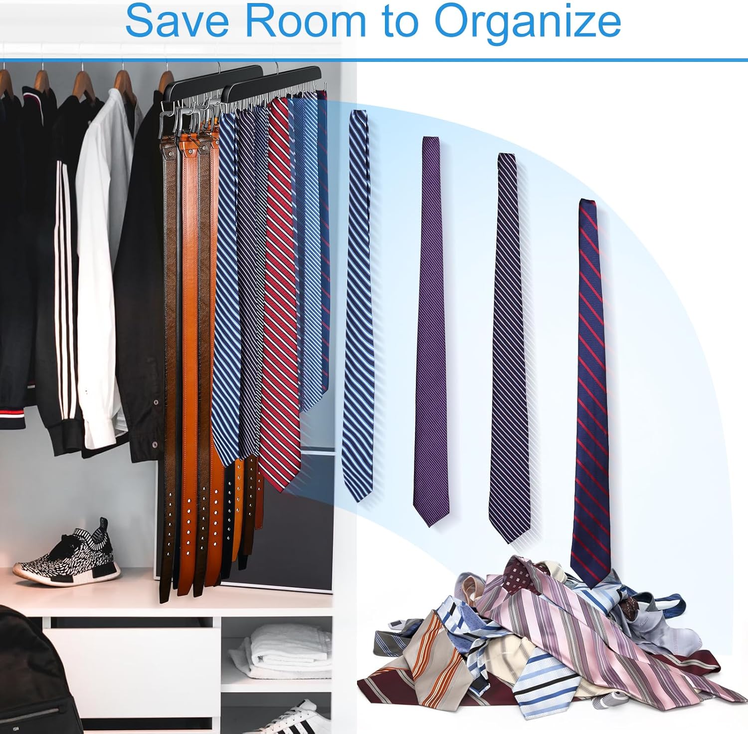 Belt Hanger for Closet Max 42 Belts, Sturdy Wood Belt Rack Closet Accessories with 14 Hooks Belt Organizer for Closet