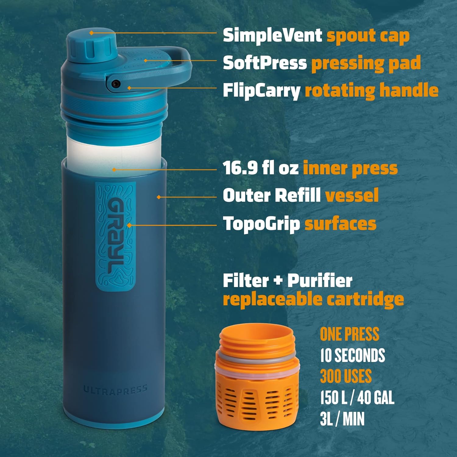 UltraPress Water Purifier & Filter Bottle for Hiking, Backpacking, and Travel (Forest Blue)