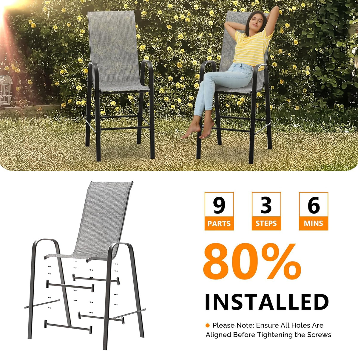 Set of 4 Stackable Outdoor Bar Stools – Sling Chairs with High Back & Armrests