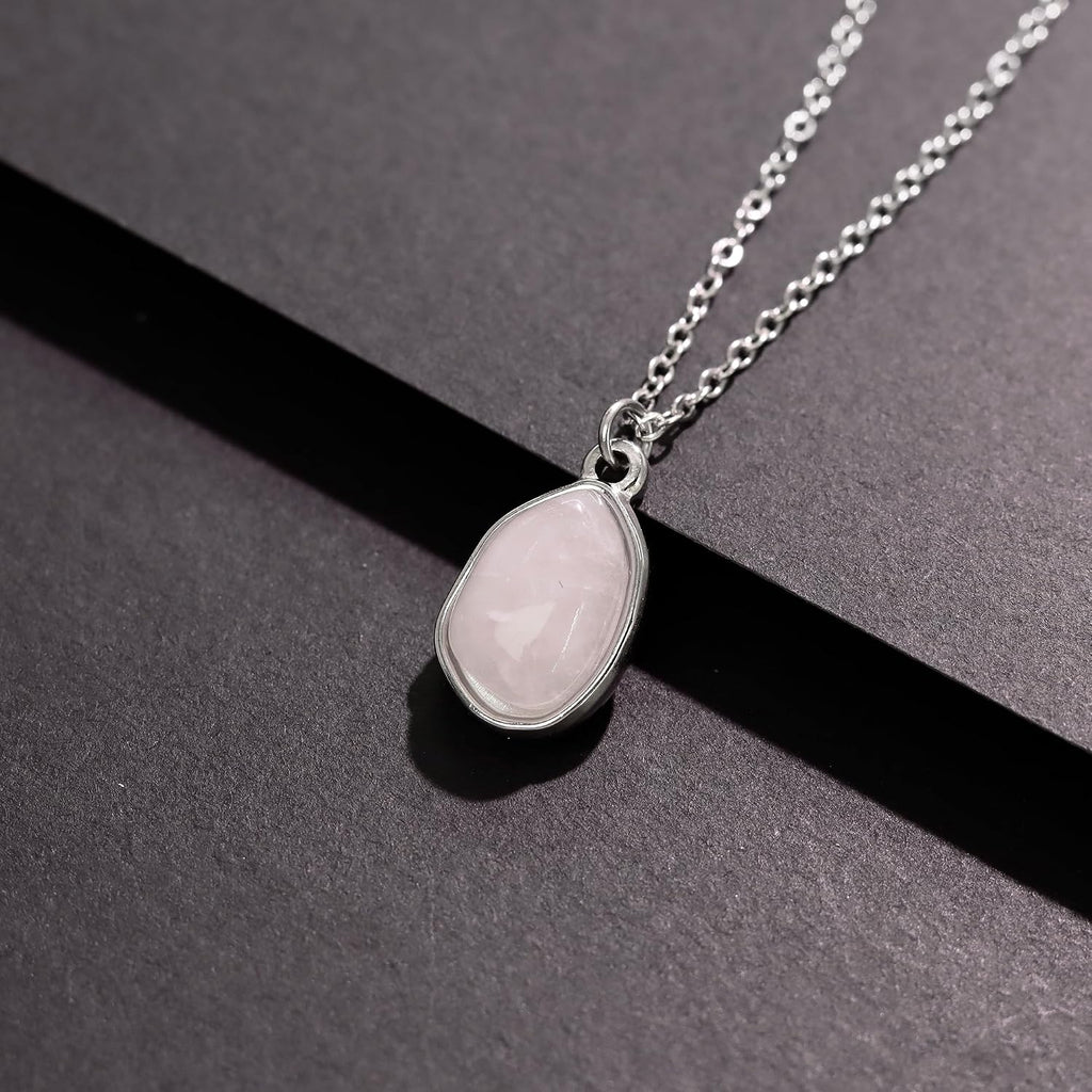 Gemstone Pendant Necklace, Crystal Necklace Teardrop Pendant Necklace Stone Bezel Pendant Necklace Stainless Steel
