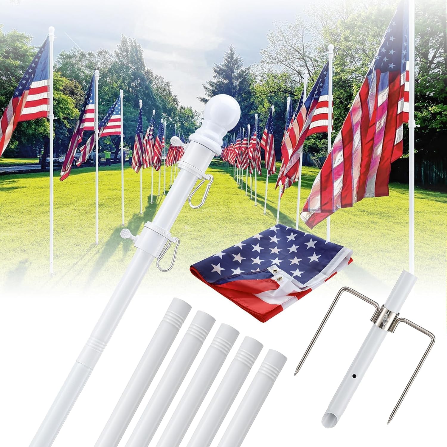 Yard Flag Pole for Outside Ground - 8.5 ft Tangle Free Heavy Duty Flag Pole Kit with 2 Anti-Tip Prong Base,Portable