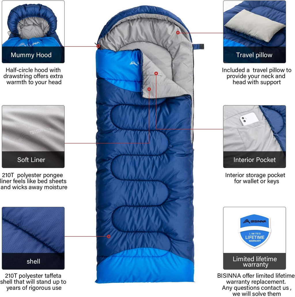 Sleeping Bag with Pillow - 4 Season Backpacking Sleeping Bag Lightweight Waterproof Warm and Washable for Adults