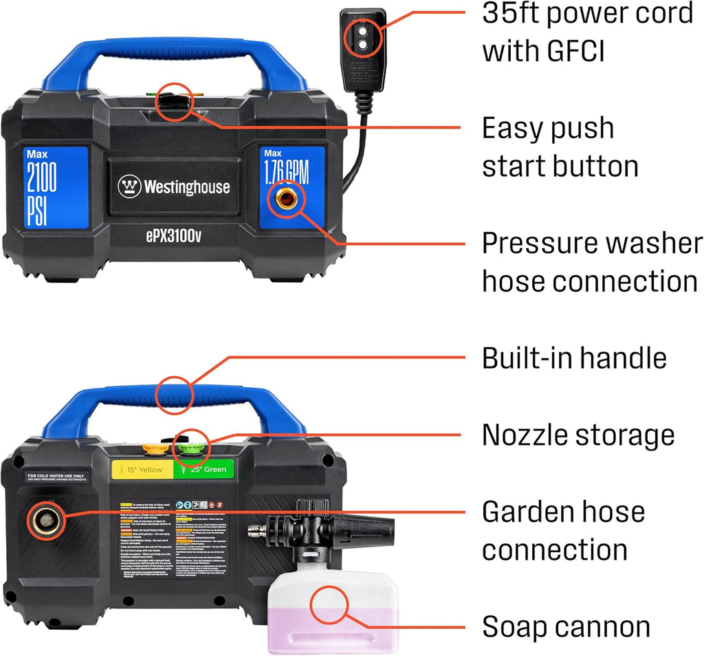 ePX3100v Electric Pressure Washer, 2100 Max PSI 1.76 Max GPM, Built-in Carry Handle, Detachable Foam Cannon