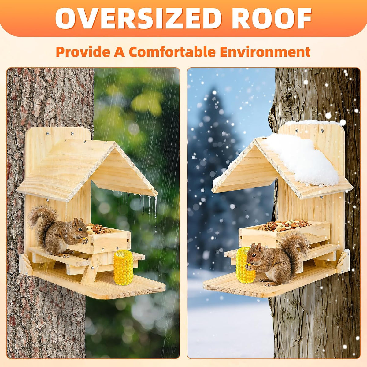 Squirrel Feeder for Outside - Wooden Picnic Table, Weatherproof Roof